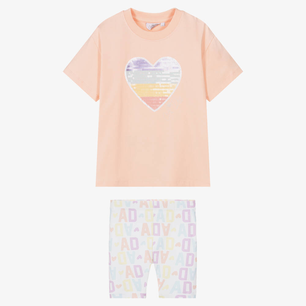 A Dee-Girls Peach Pink Cotton Logo Shorts Set with Sequin Heart | Childrensalon