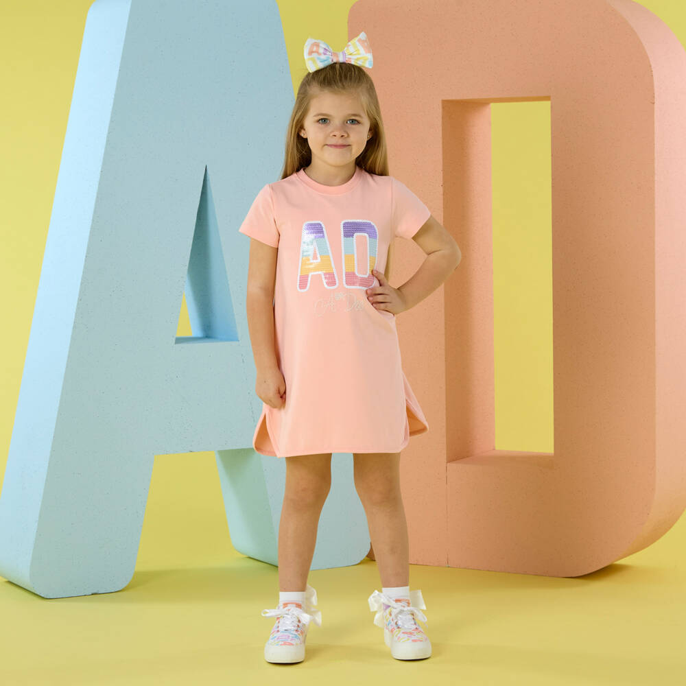 A Dee-فستان تيشيرت قطن لون زهري خوخي للبنات | Childrensalon