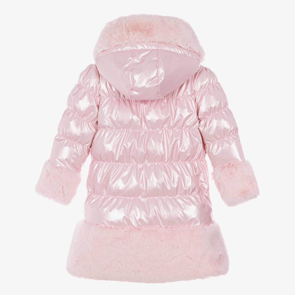 A Dee-Girls Pearlescent Pink Hooded Puffer Coat with Faux Fur Trim | Childrensalon