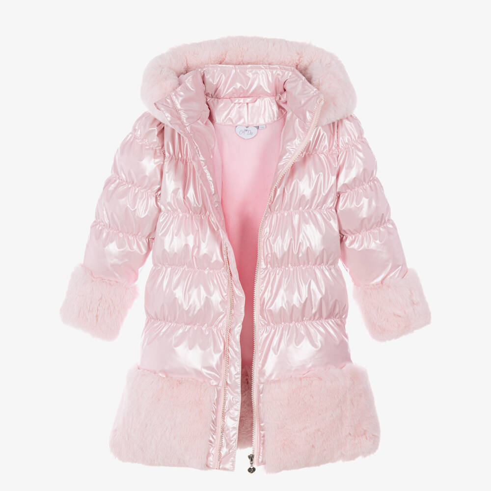 A Dee-Girls Pearlescent Pink Hooded Puffer Coat with Faux Fur Trim | Childrensalon