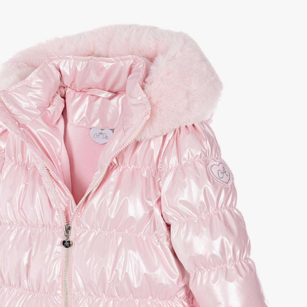 A Dee-Girls Pearlescent Pink Hooded Puffer Coat with Faux Fur Trim | Childrensalon
