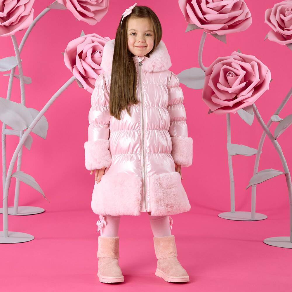 A Dee-Girls Pearlescent Pink Hooded Puffer Coat with Faux Fur Trim | Childrensalon