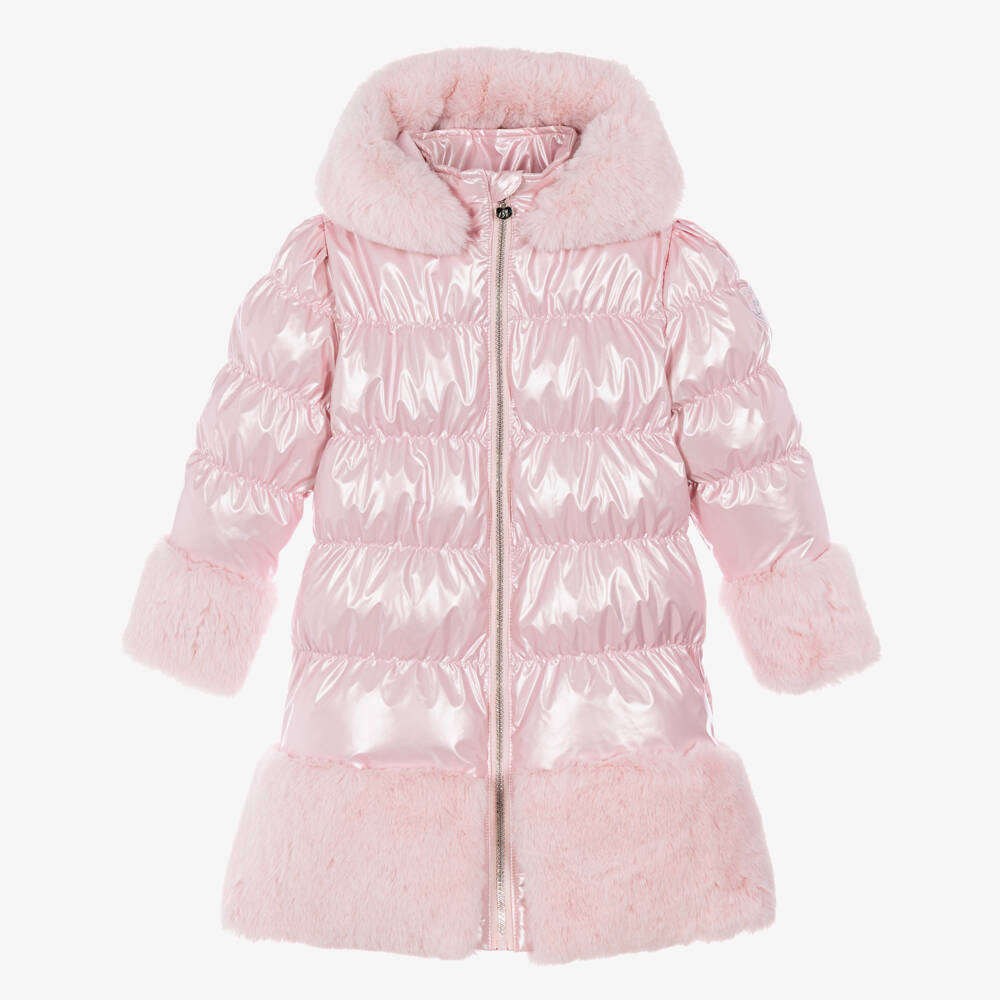 A Dee-Girls Pearlescent Pink Hooded Puffer Coat with Faux Fur Trim | Childrensalon