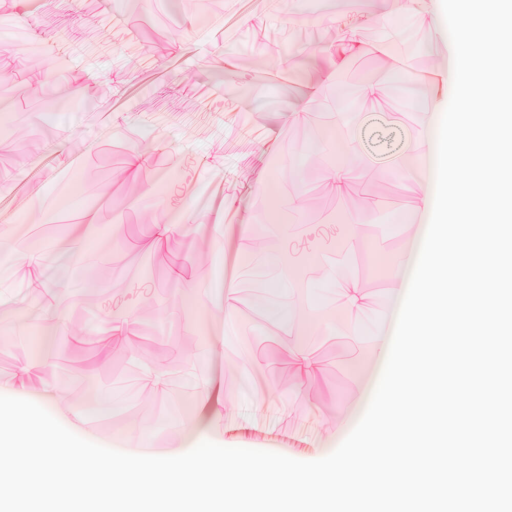 A Dee-Girls Pink Bow Print Hooded Coat with Ruffle Trim | Childrensalon