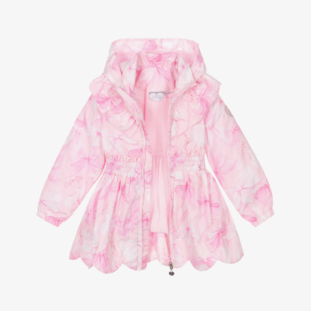 A Dee-Girls Pink Bow Print Hooded Coat with Ruffle Trim | Childrensalon