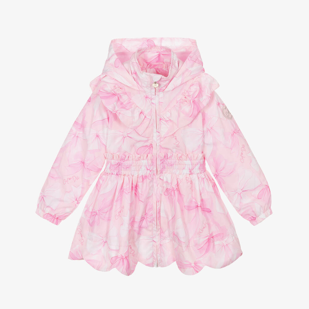 A Dee-Girls Pink Bow Print Hooded Coat with Ruffle Trim | Childrensalon