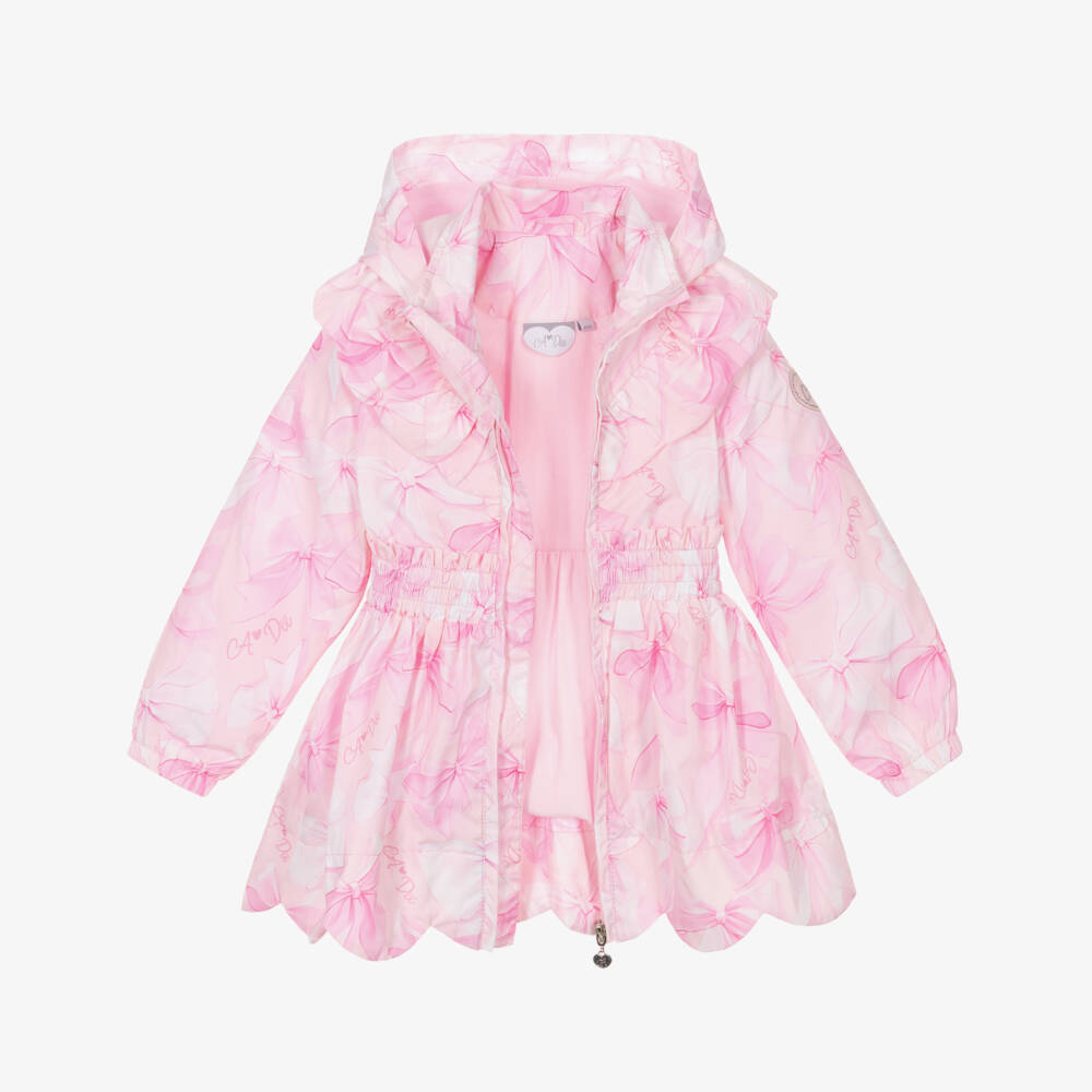 A Dee-Girls Pink Bow Print Hooded Coat with Ruffle Trim | Childrensalon