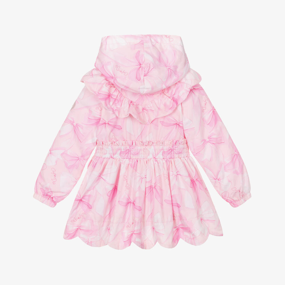 A Dee-Girls Pink Bow Print Hooded Coat with Ruffle Trim | Childrensalon