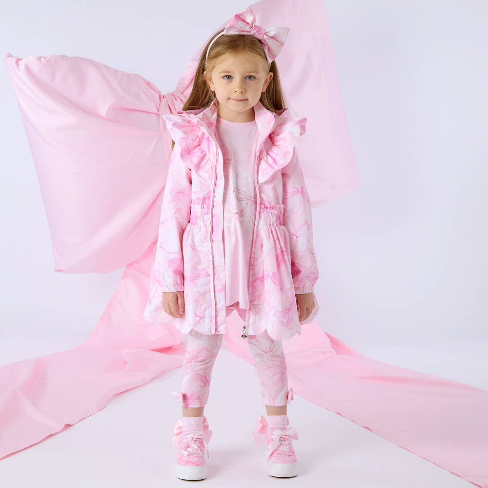 A Dee-Girls Pink Bow Print Hooded Coat with Ruffle Trim | Childrensalon