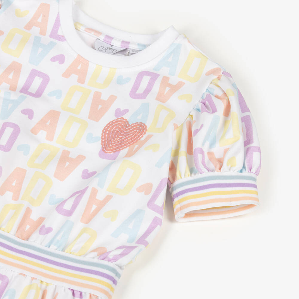 A Dee-Girls Pink Cotton All Over Logo Dress with Sequin Heart | Childrensalon