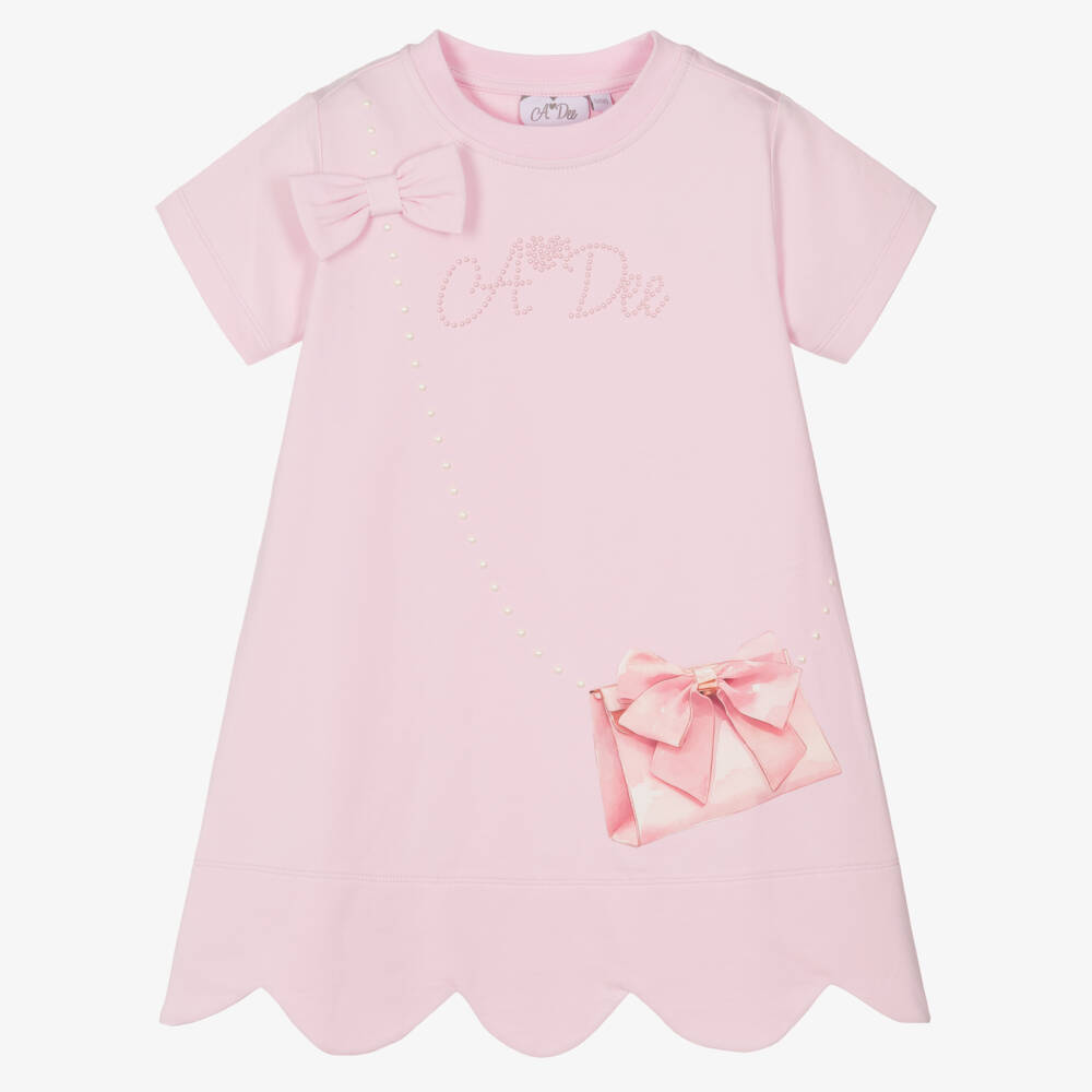 A Dee-Girls Pink Cotton Bag Print Logo T-Shirt Dress with Bow | Childrensalon