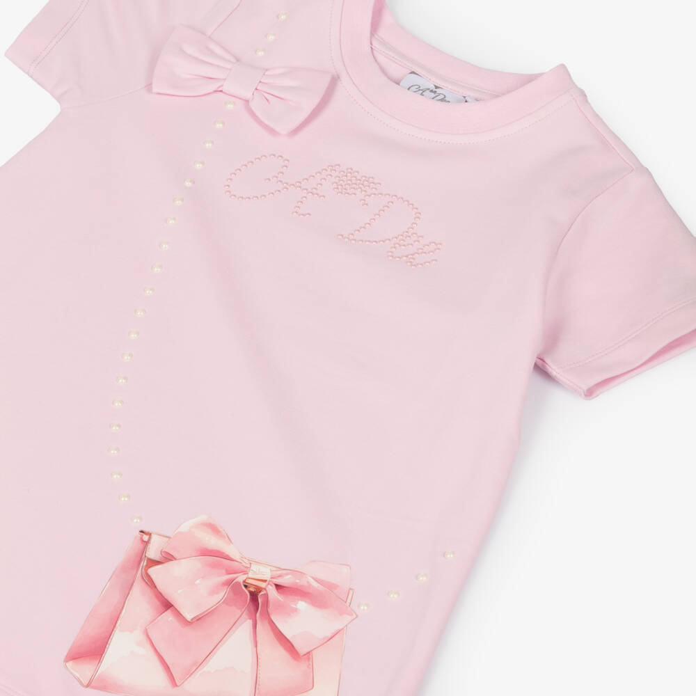 A Dee-Girls Pink Cotton Bag Print Logo T-Shirt Dress with Bow | Childrensalon