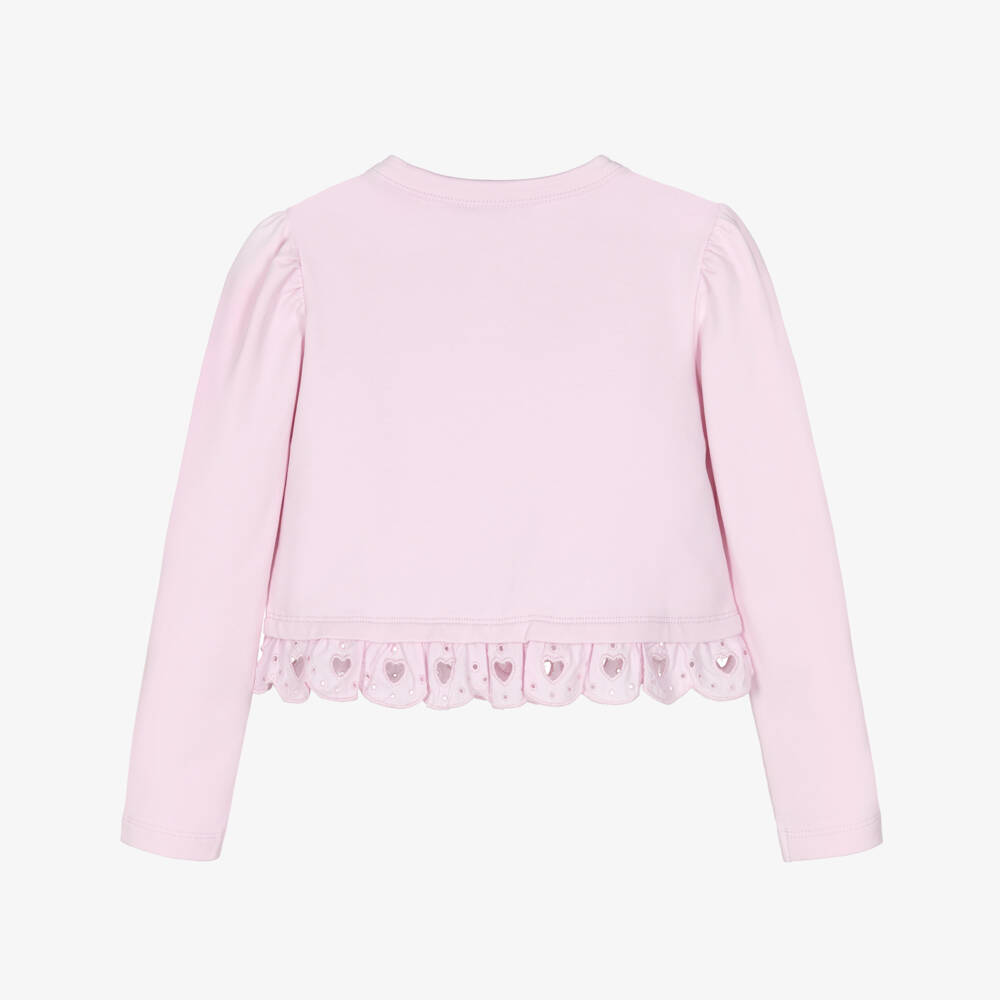 A Dee-Girls Pink Cotton Bow Cardigan with Broderie Anglaise Trim | Childrensalon