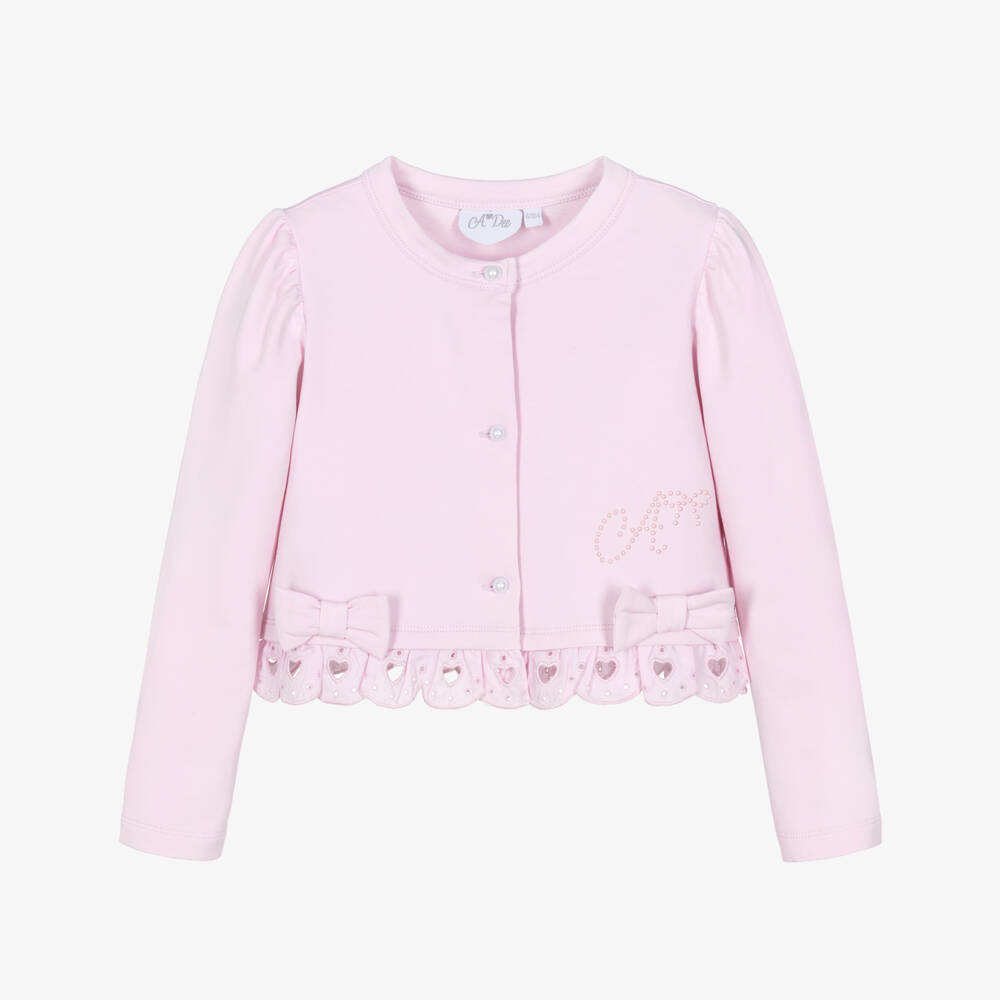 A Dee-Girls Pink Cotton Bow Cardigan with Broderie Anglaise Trim | Childrensalon