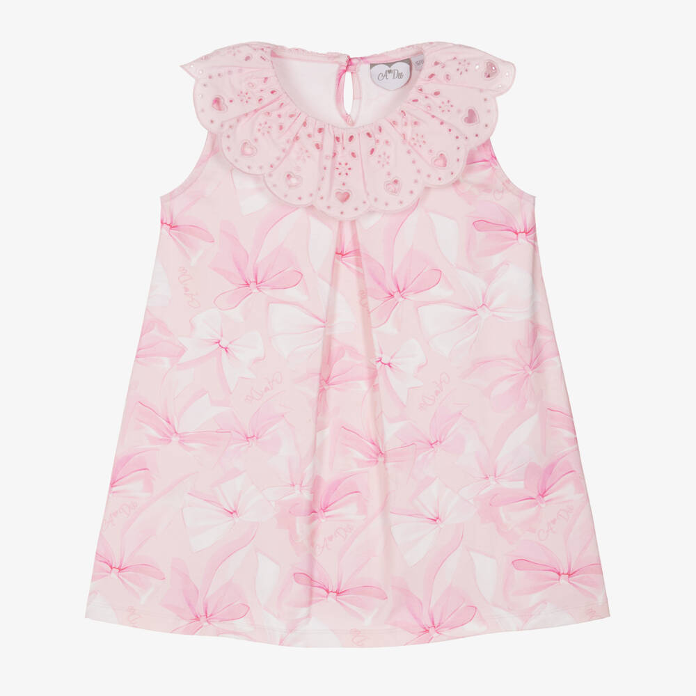 A Dee-Girls Pink Cotton Bow Dress with Broderie Anglaise Collar | Childrensalon