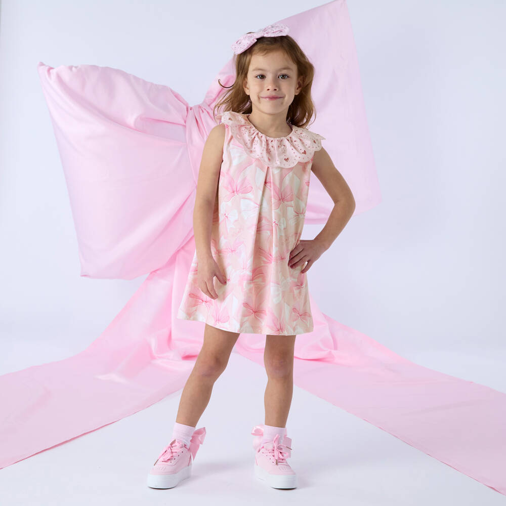 A Dee-Платье розовое из хлопка с бантом и воротником с бродери англез для девочек | Childrensalon