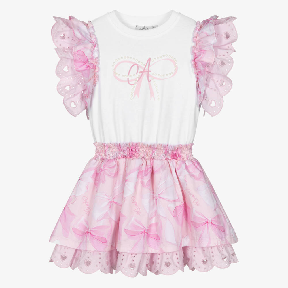 A Dee-Girls Pink Cotton Bow Dress with Broderie Anglaise Trims | Childrensalon