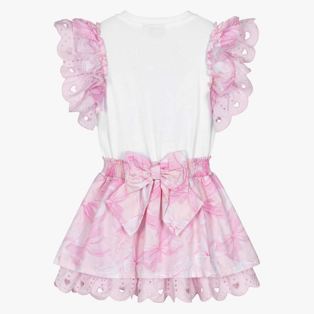 A Dee-Girls Pink Cotton Bow Dress with Broderie Anglaise Trims | Childrensalon