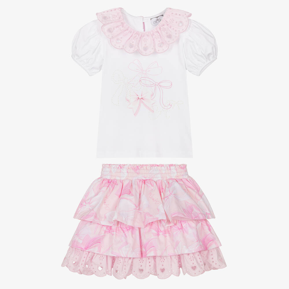 A Dee-Girls Pink Cotton Bow Skirt Set with Broderie Anglaise Trims | Childrensalon