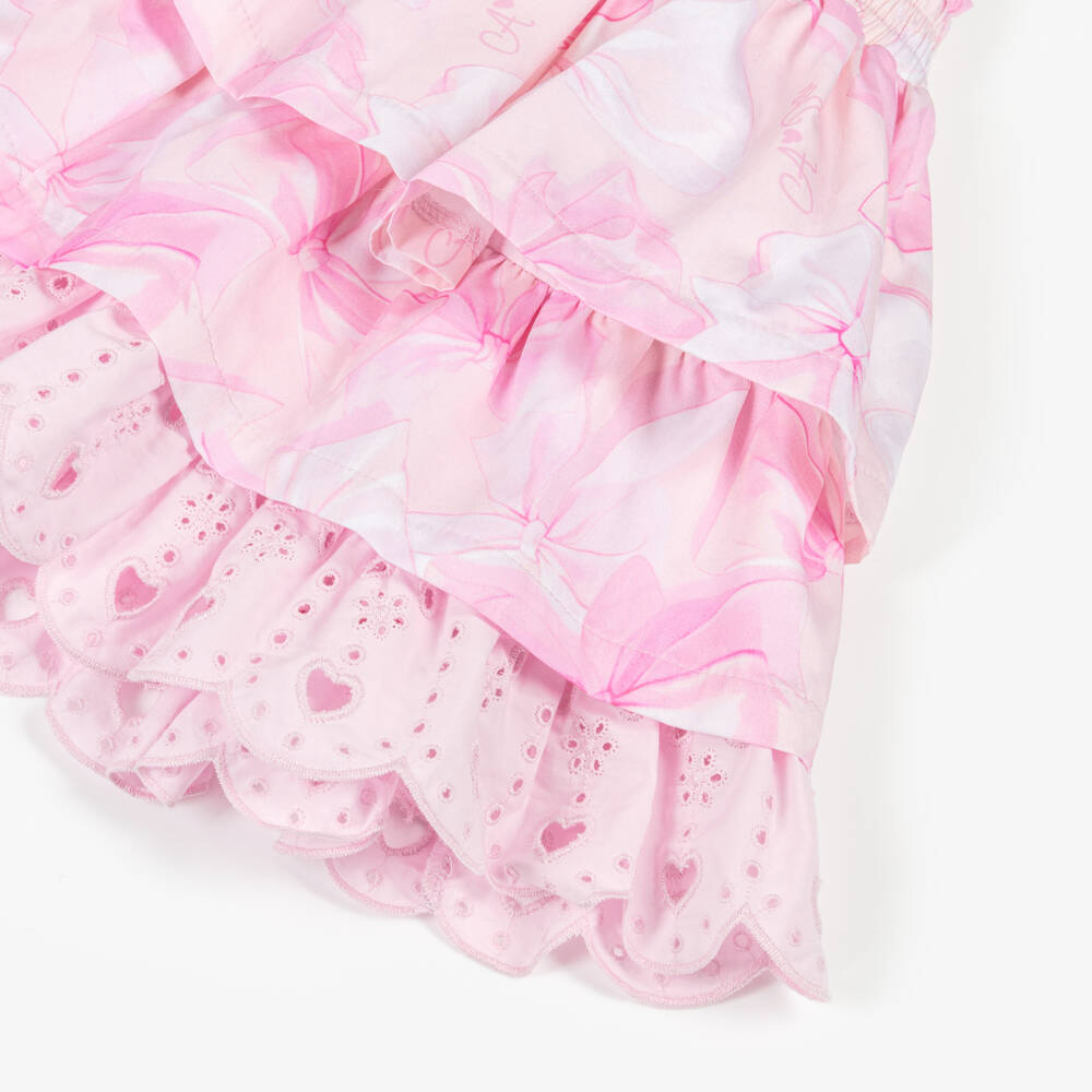 A Dee-Girls Pink Cotton Bow Skirt Set with Broderie Anglaise Trims | Childrensalon
