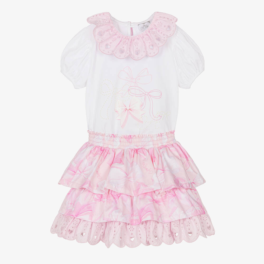 A Dee-Girls Pink Cotton Bow Skirt Set with Broderie Anglaise Trims | Childrensalon