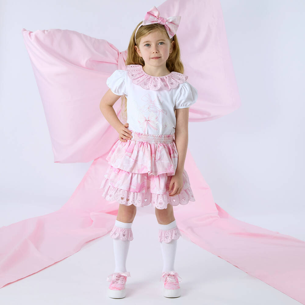 A Dee-طقم تنورة قطن مزين بفيونكة لون زهري للبنات | Childrensalon