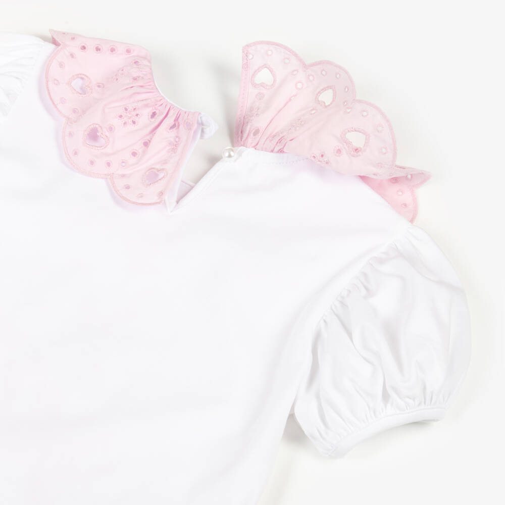 A Dee-Girls Pink Cotton Bow Skirt Set with Broderie Anglaise Trims | Childrensalon