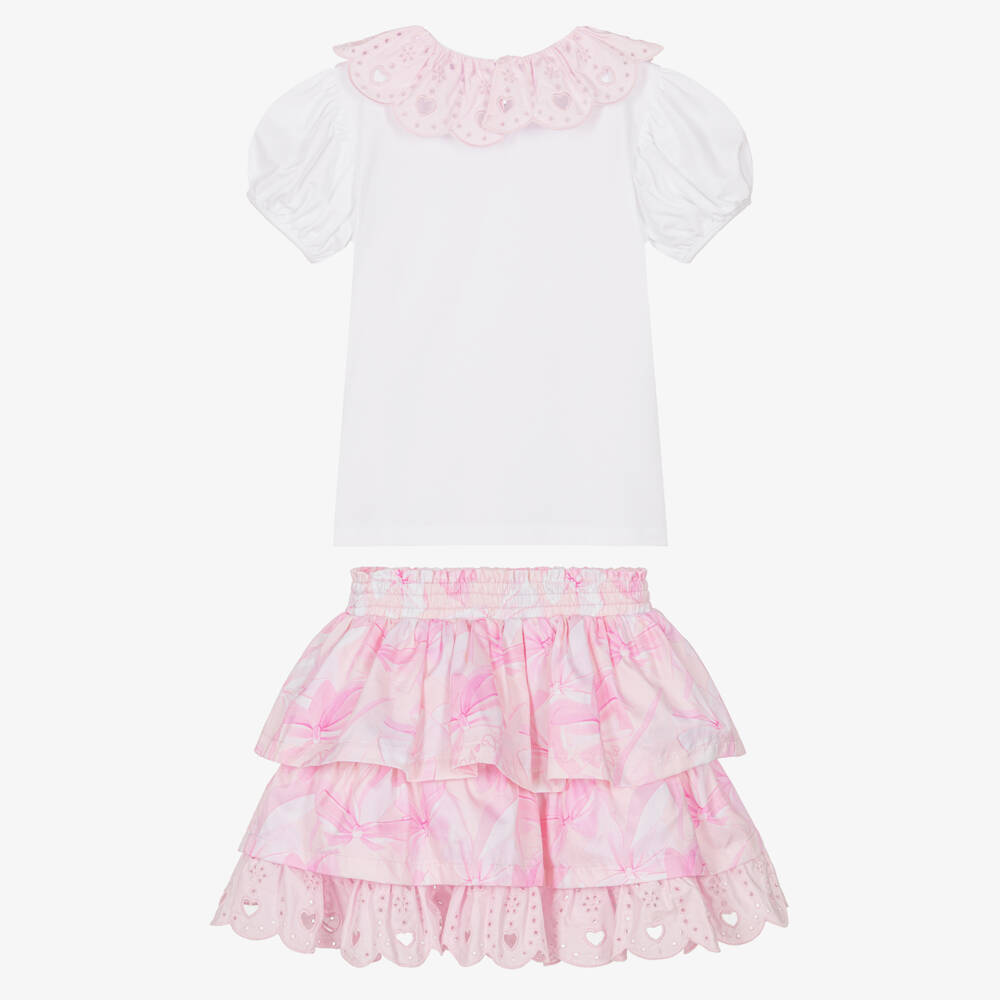 A Dee-Girls Pink Cotton Bow Skirt Set with Broderie Anglaise Trims | Childrensalon