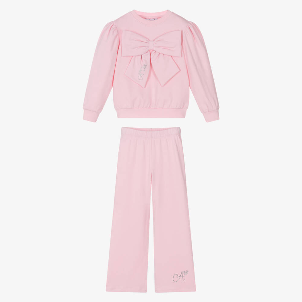 A Dee-Girls Pink Cotton Diamanté Logo Trouser Set with Bow | Childrensalon