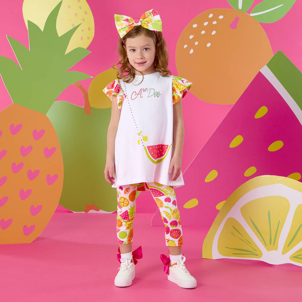 A Dee-Girls Pink Cotton Fruit Leggings Set with Diamanté Logo | Childrensalon