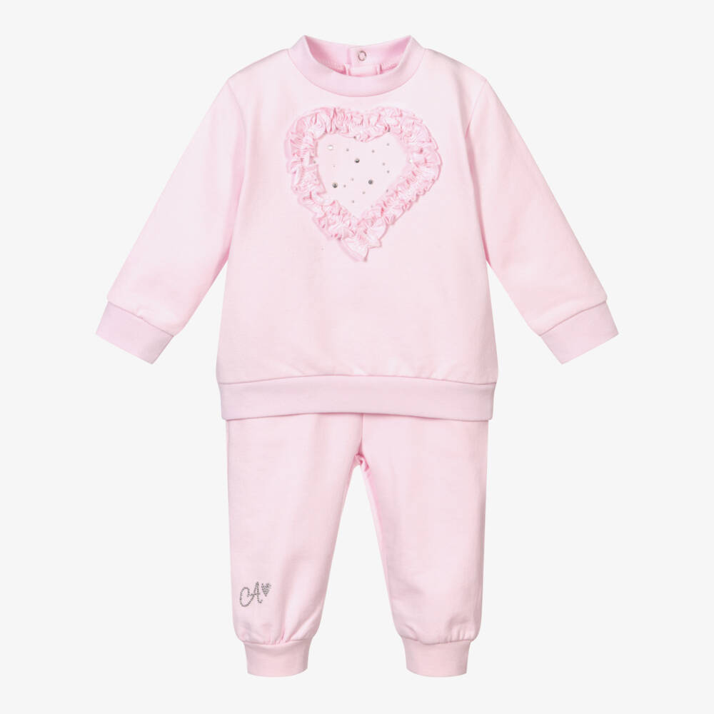 A Dee - Girls Pink Cotton Heart Tracksuit | Childrensalon