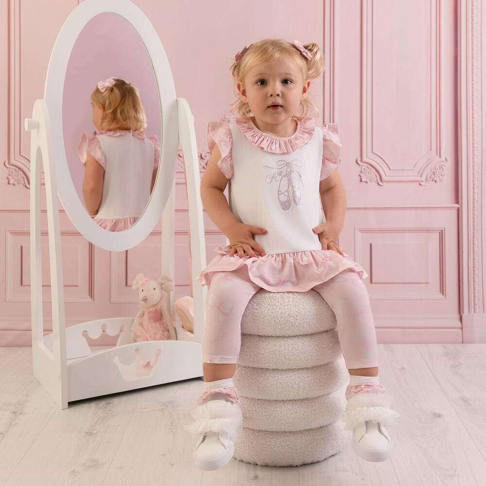 A Dee-طقم ليقنز بطبعة فيونكة قطن لون زهري للبنات | Childrensalon