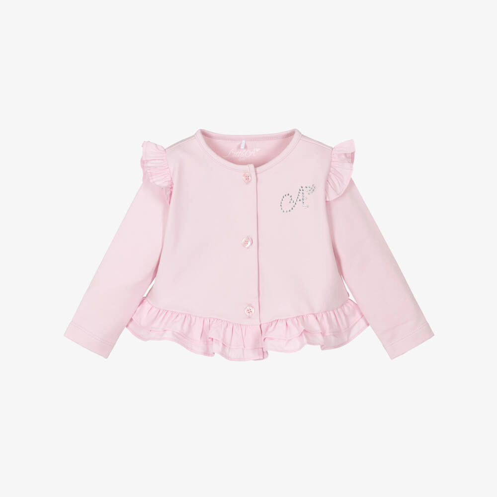 A Dee-Girls Pink Cotton Jersey Cardigan with Ruffles | Childrensalon
