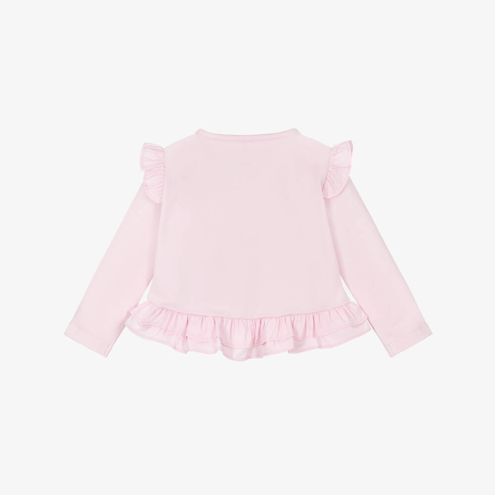 A Dee-Girls Pink Cotton Jersey Cardigan with Ruffles | Childrensalon