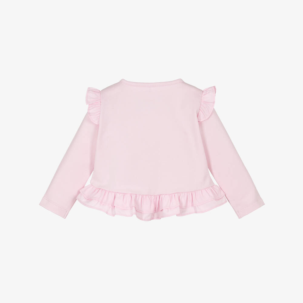 A Dee-Girls Pink Cotton Jersey Cardigan with Ruffles | Childrensalon