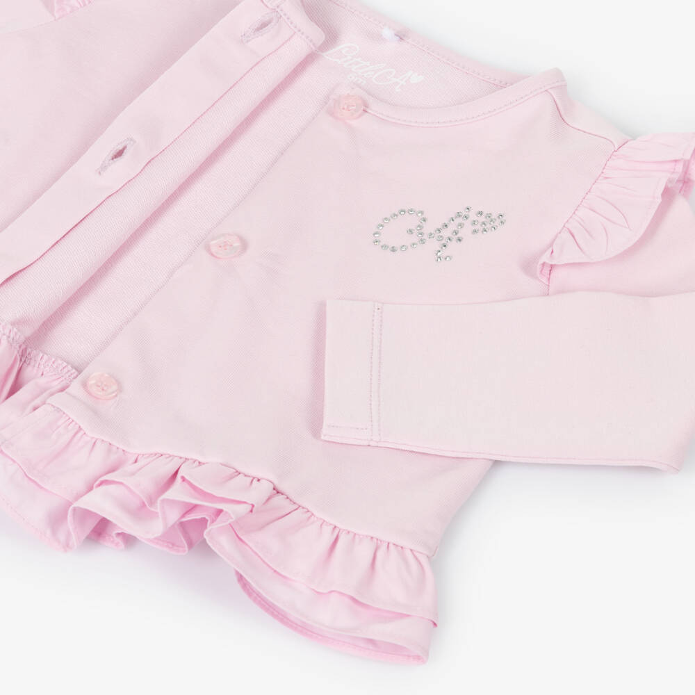 A Dee-Girls Pink Cotton Jersey Cardigan with Ruffles | Childrensalon