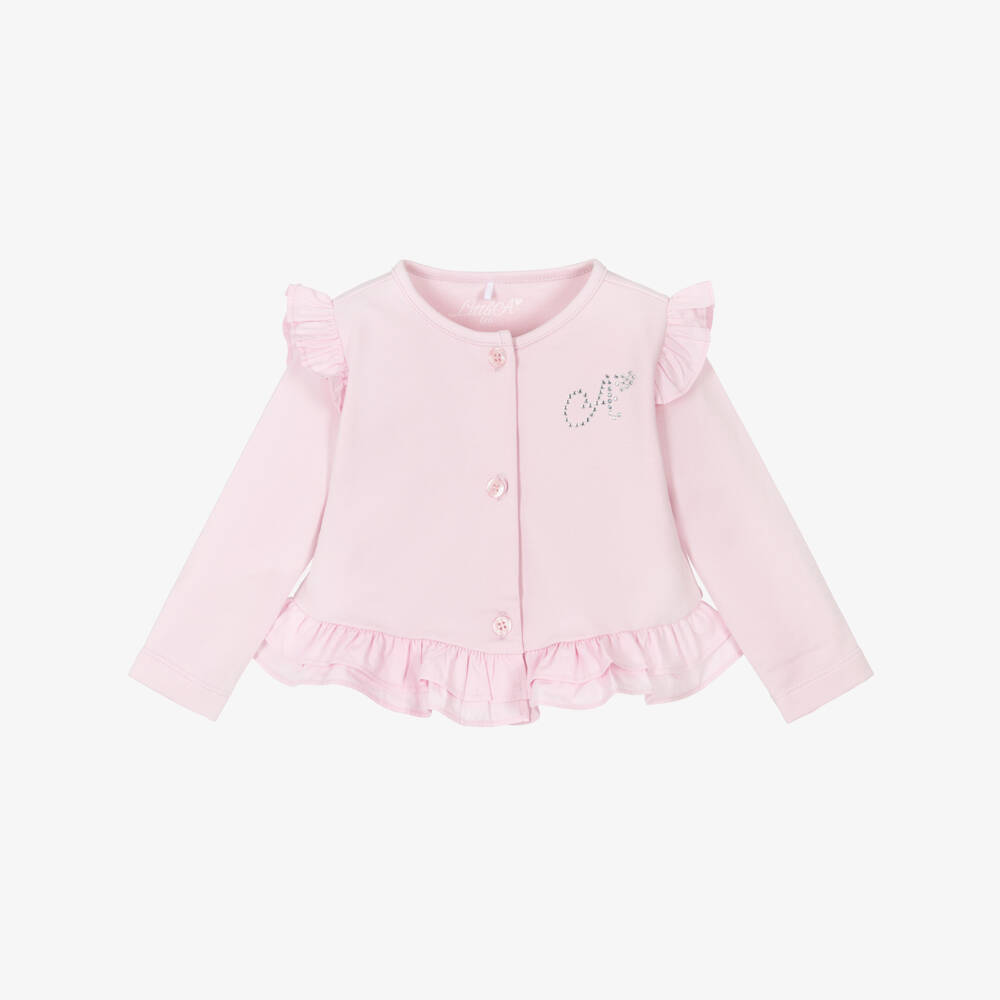 A Dee-Girls Pink Cotton Jersey Cardigan with Ruffles | Childrensalon