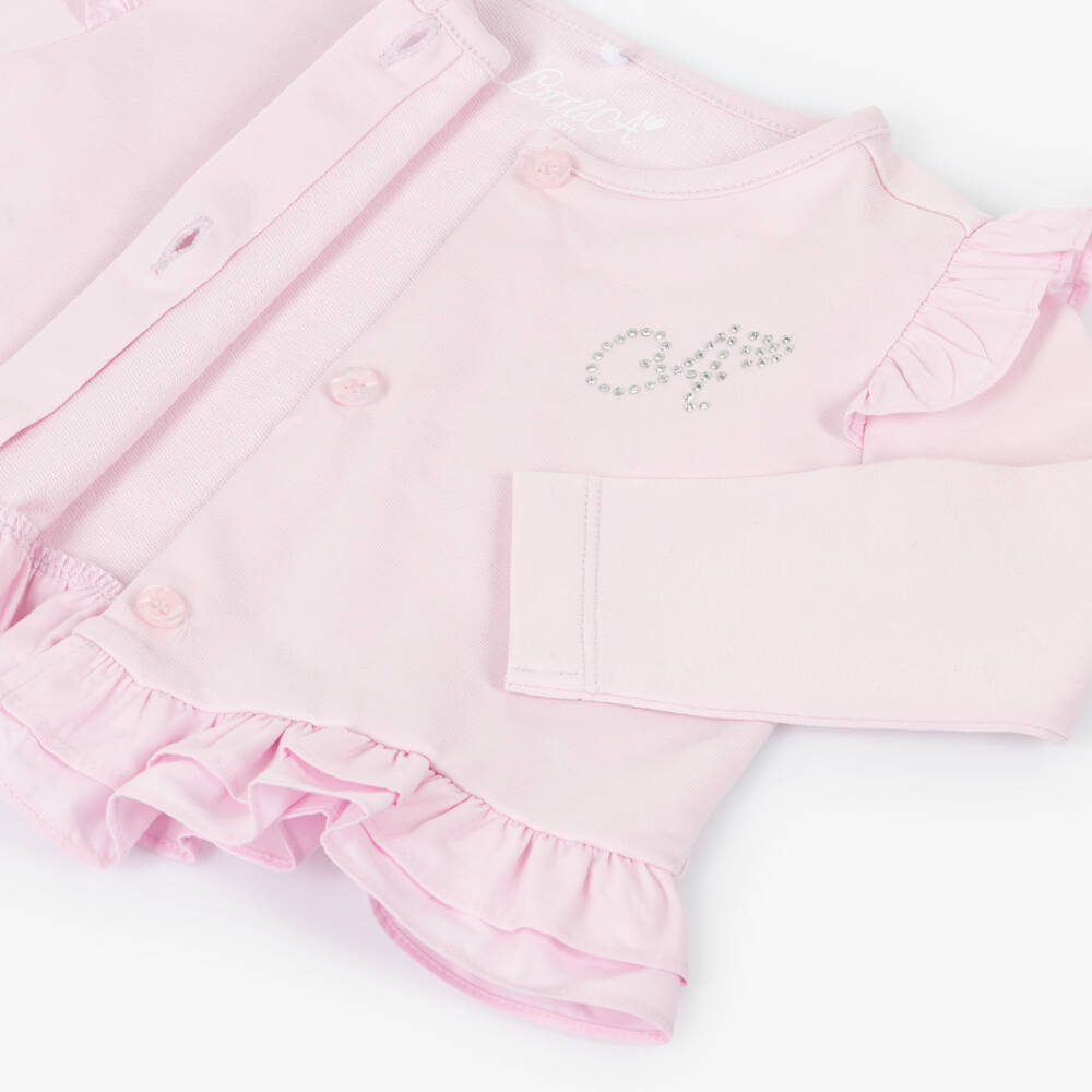 A Dee-Girls Pink Cotton Jersey Cardigan with Ruffles | Childrensalon