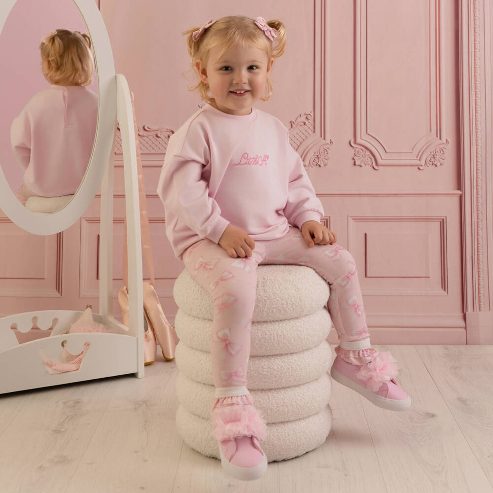 A Dee-طقم ليقنز بطبعة فيونكة قطن لون زهري للبنات | Childrensalon