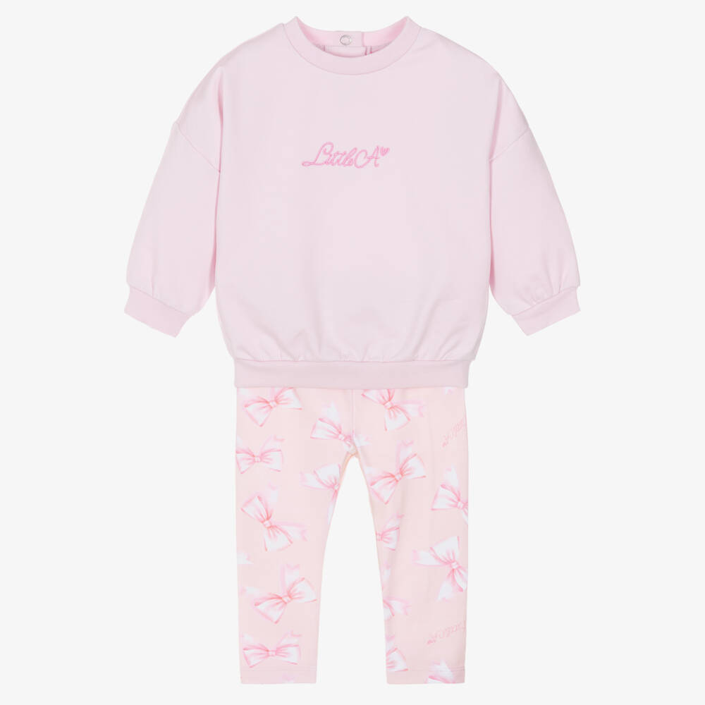 A Dee-Girls Pink Cotton Jersey Leggings Set with Bow Print | Childrensalon