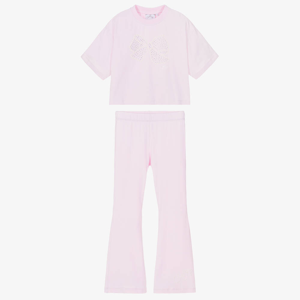 A Dee-Girls Pink Cotton Leggings Set with Pearl Bead & Diamanté Bow | Childrensalon
