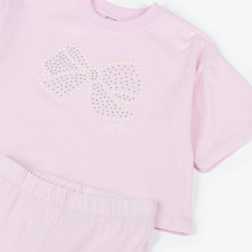 A Dee-Girls Pink Cotton Leggings Set with Pearl Bead & Diamanté Bow | Childrensalon