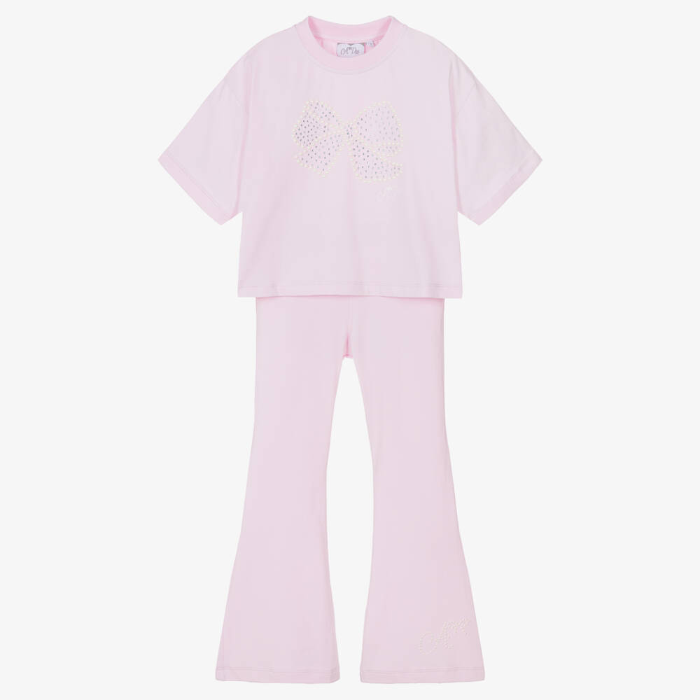 A Dee-Girls Pink Cotton Leggings Set with Pearl Bead & Diamanté Bow | Childrensalon