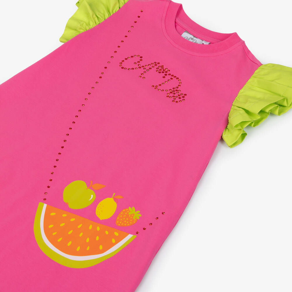 A Dee-Girls Pink Cotton Logo Dress with Fruit Crossbody Bag Print | Childrensalon