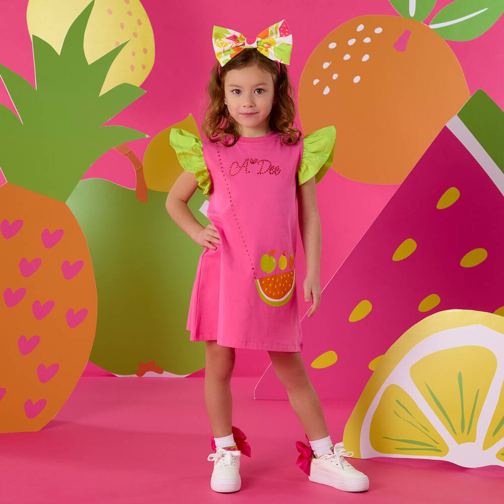 A Dee-Girls Pink Cotton Logo Dress with Fruit Crossbody Bag Print | Childrensalon