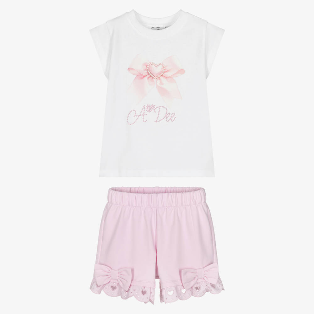 A Dee-Girls Pink Cotton Logo Shorts Set with Bows & Broderie Anglaise | Childrensalon