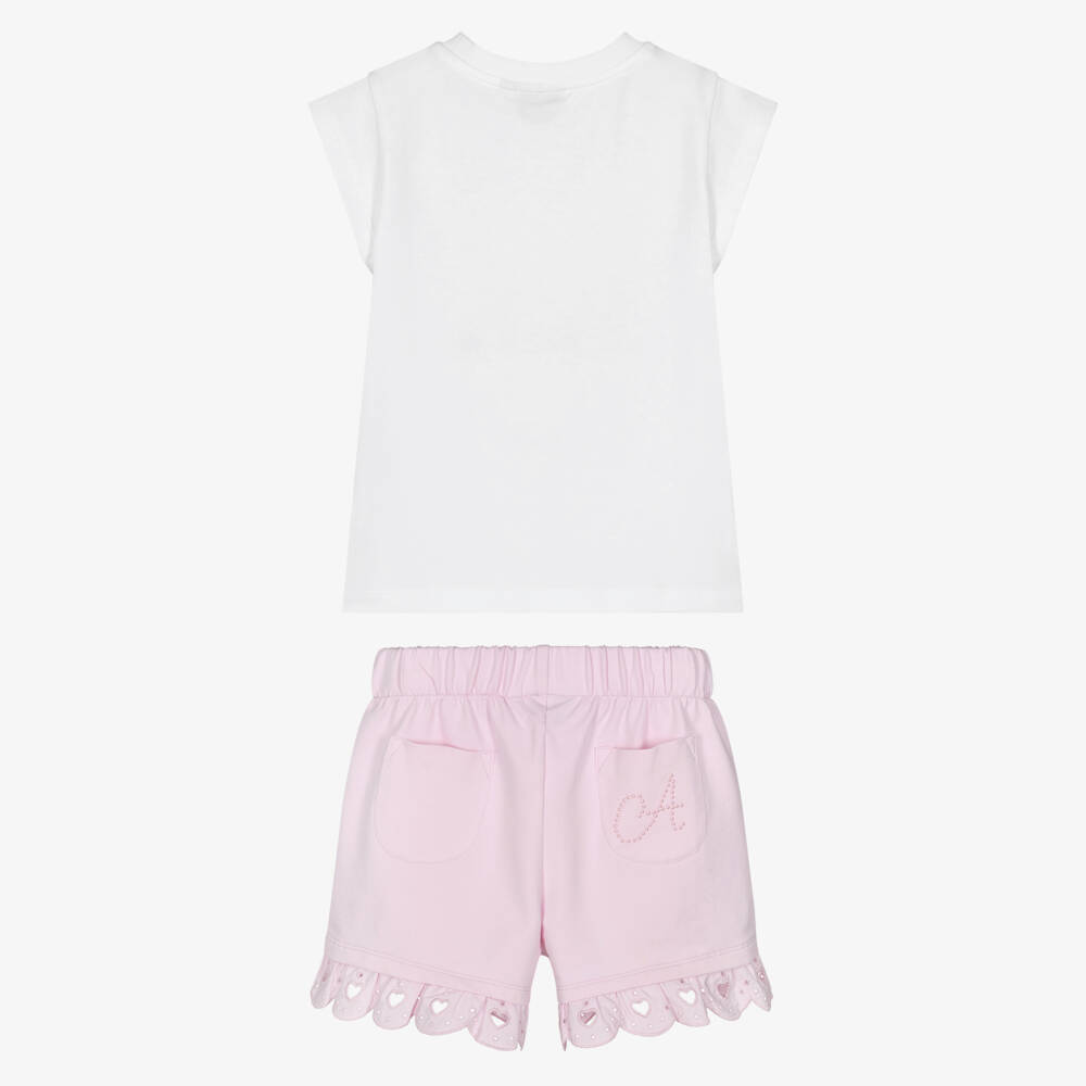A Dee-Girls Pink Cotton Logo Shorts Set with Bows & Broderie Anglaise | Childrensalon