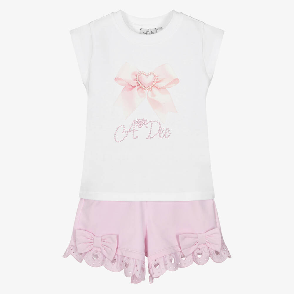 A Dee-Girls Pink Cotton Logo Shorts Set with Bows & Broderie Anglaise | Childrensalon