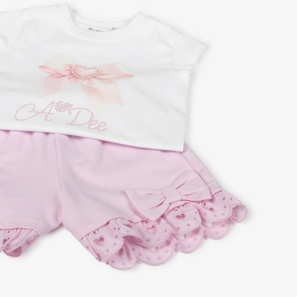A Dee-Girls Pink Cotton Logo Shorts Set with Bows & Broderie Anglaise | Childrensalon