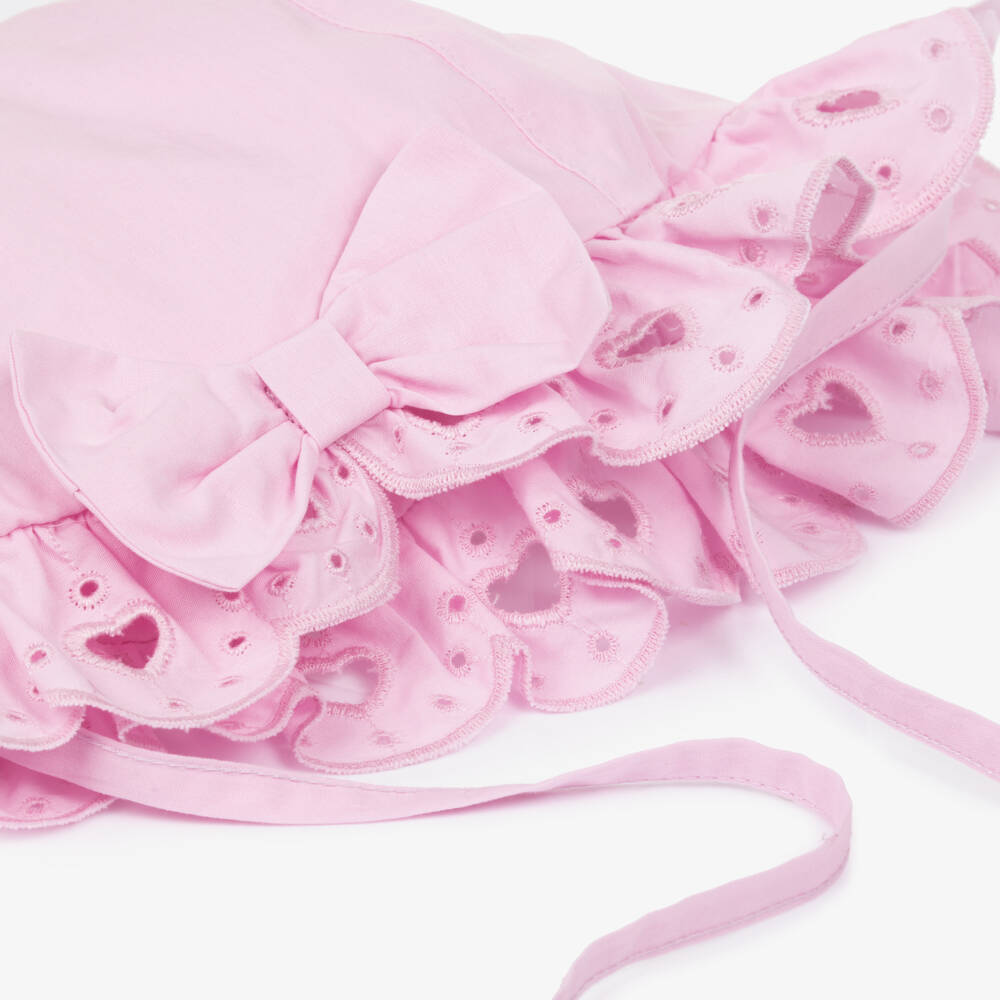 A Dee-Girls Pink Cotton Sun Hat with Heart Broderie Anglaise | Childrensalon